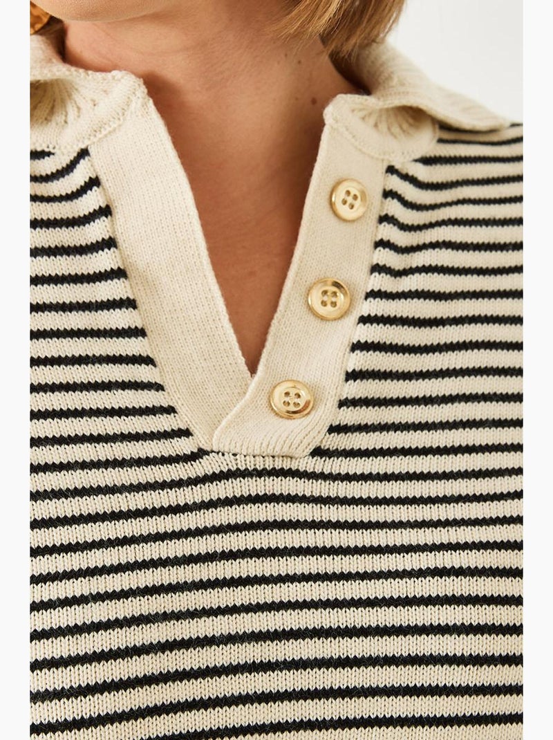 Pull en maille rayé à col polo et boutons lucci Crème - Kiabi