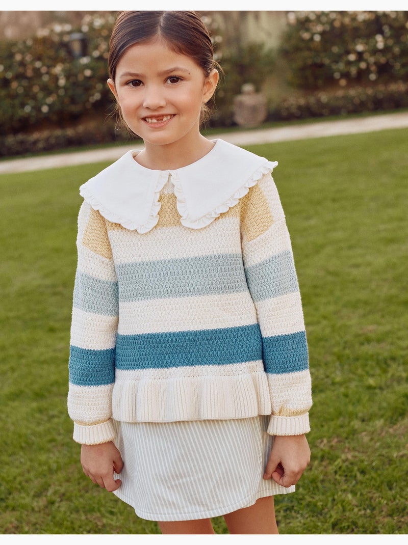 Pull en maille rayé à ourlet volanté Blanc - Kiabi