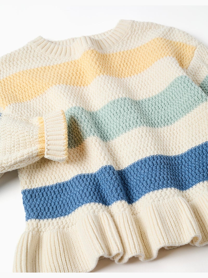 Pull en maille rayé à ourlet volanté Blanc - Kiabi