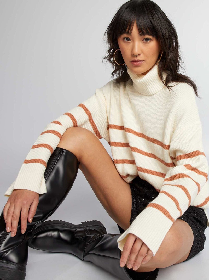 Pull en maille rayé Blanc/marron - Kiabi