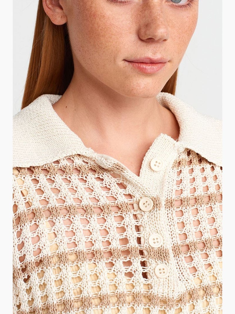 Pull en maille rayée à col polo et boutons dilvin Beige clair - Kiabi