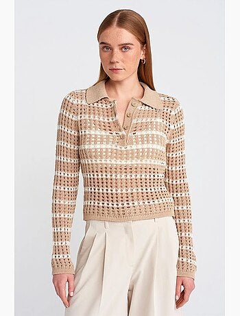 Pull en maille rayée à col polo et boutons dilvin