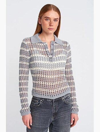 Pull en maille rayée à col polo et boutons dilvin