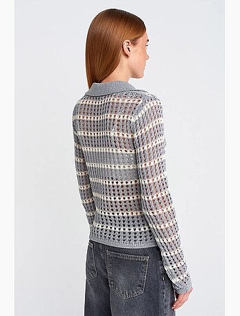 Pull en maille rayée à col polo et boutons dilvin