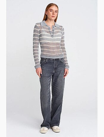 Pull en maille rayée à col polo et boutons dilvin