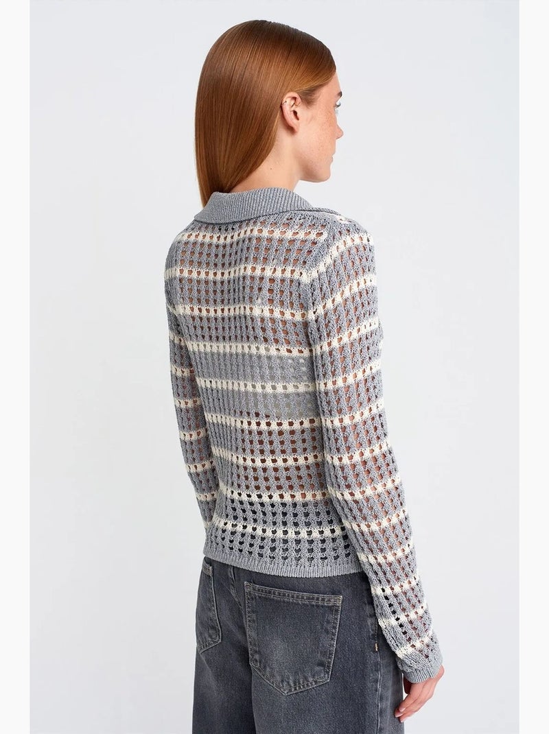 Pull en maille rayée à col polo et boutons dilvin Gris clair - Kiabi