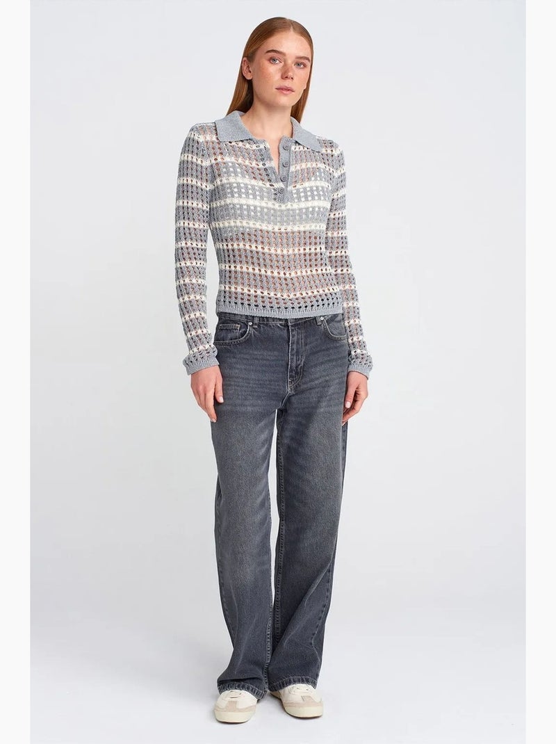Pull en maille rayée à col polo et boutons dilvin Gris clair - Kiabi