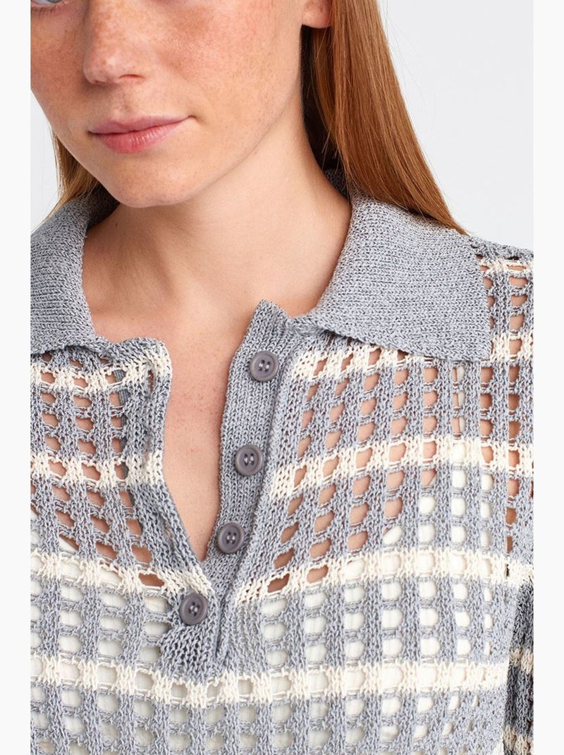 Pull en maille rayée à col polo et boutons dilvin Gris clair - Kiabi