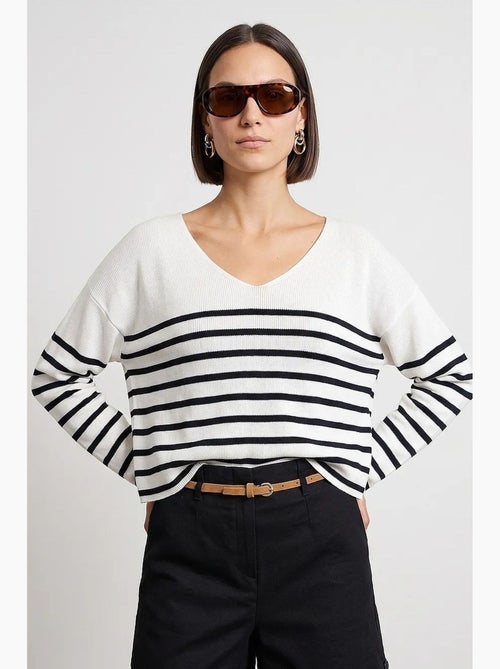 Pull en maille rayée à col v côtelé dilvin - Kiabi
