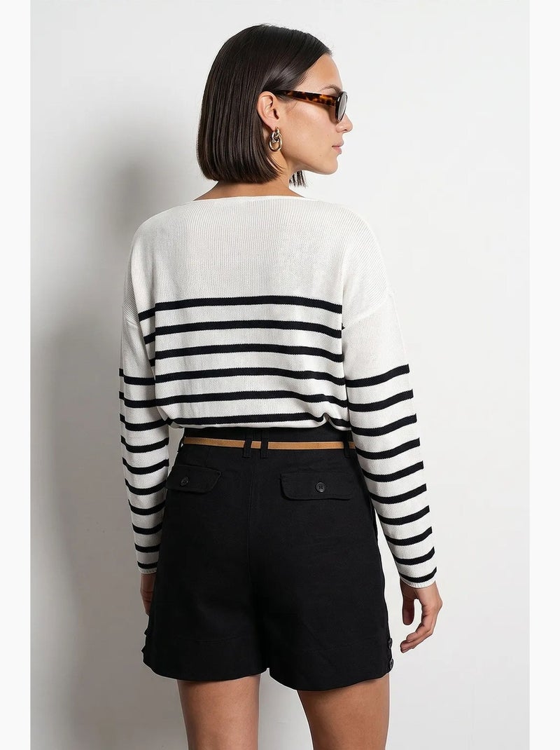 Pull en maille rayée à col v côtelé dilvin Blanc Noir - Kiabi