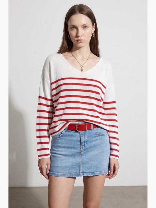 Pull en maille rayée à col v côtelé dilvin - Kiabi