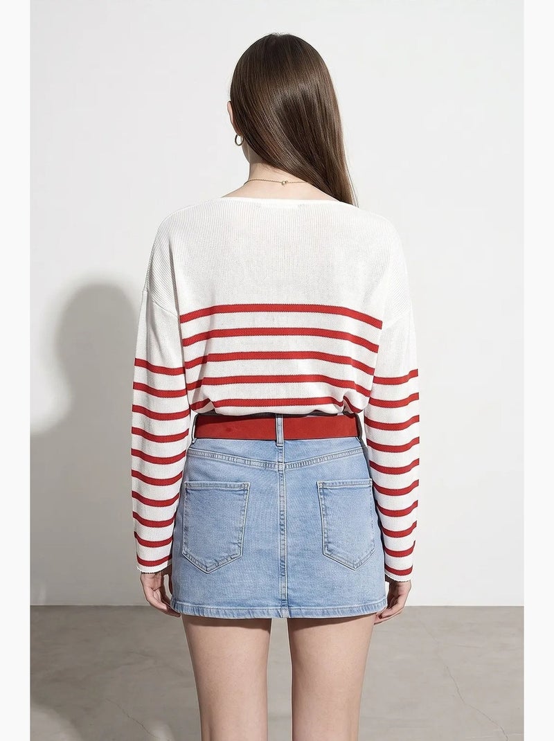 Pull en maille rayée à col v côtelé dilvin Blanc Rouge - Kiabi
