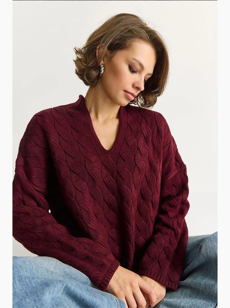 Pull en maille texturée à col en v et coupe décontractée lucci Rouge bordeaux - Kiabi