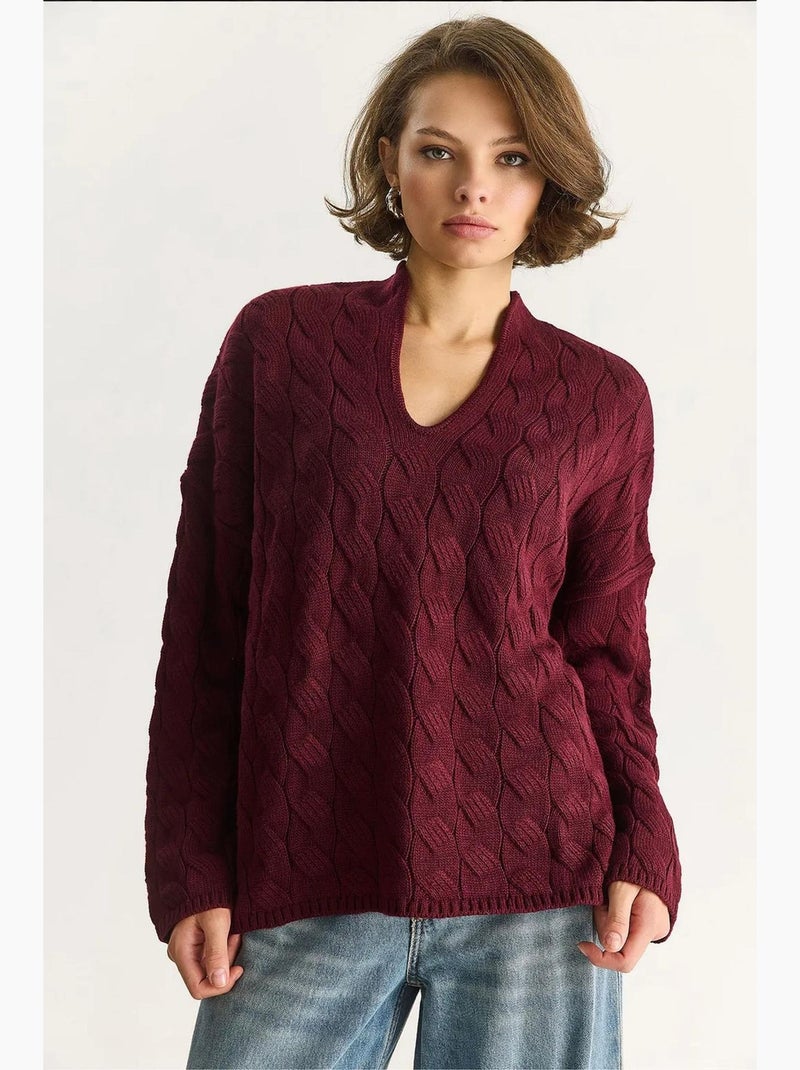 Pull en maille texturée à col en v et coupe décontractée lucci Rouge bordeaux - Kiabi