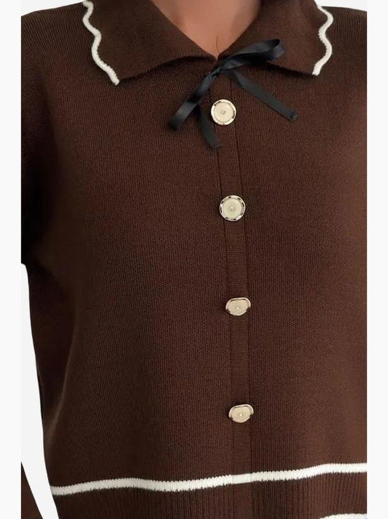 Pull en maille texturée à col polo avec détail ruban my fashion Marron chocolat - Kiabi