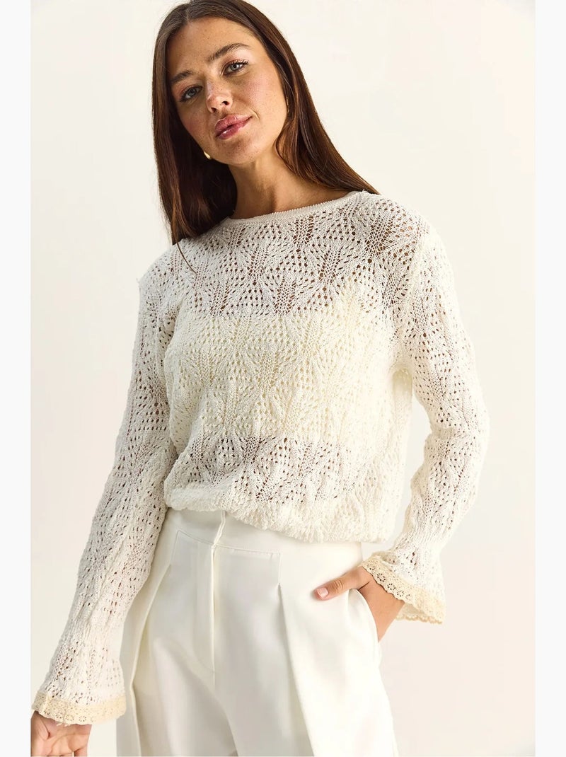 Pull en maille texturée à col rond avec volants lucci Ivoire - Kiabi