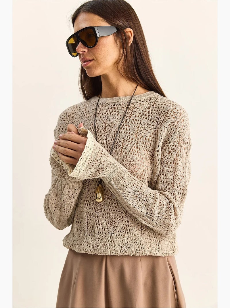 Pull en maille texturée à col rond avec volants lucci Sable - Kiabi