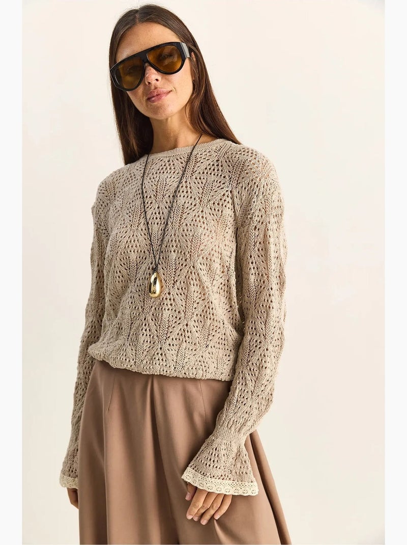 Pull en maille texturée à col rond avec volants lucci Sable - Kiabi