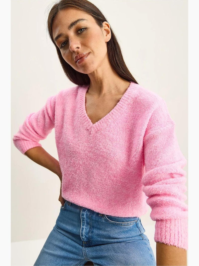 Pull en maille texturée à col v lucci Rose fluo/Solinotes - Kiabi