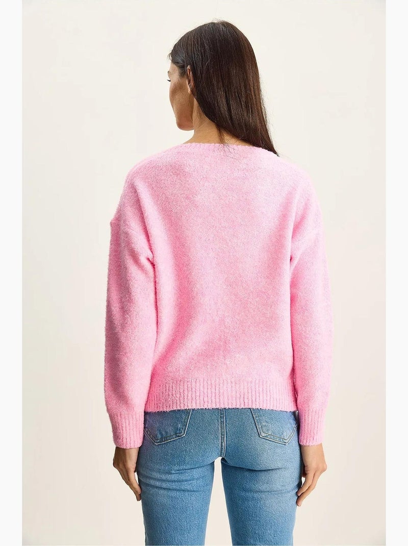 Pull en maille texturée à col v lucci Rose fluo/Solinotes - Kiabi