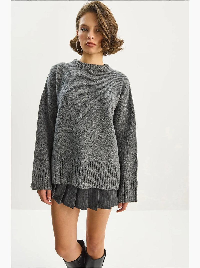 Pull en maille texturée surdimensionnée à col ras du cou lucci Gris Noir - Kiabi