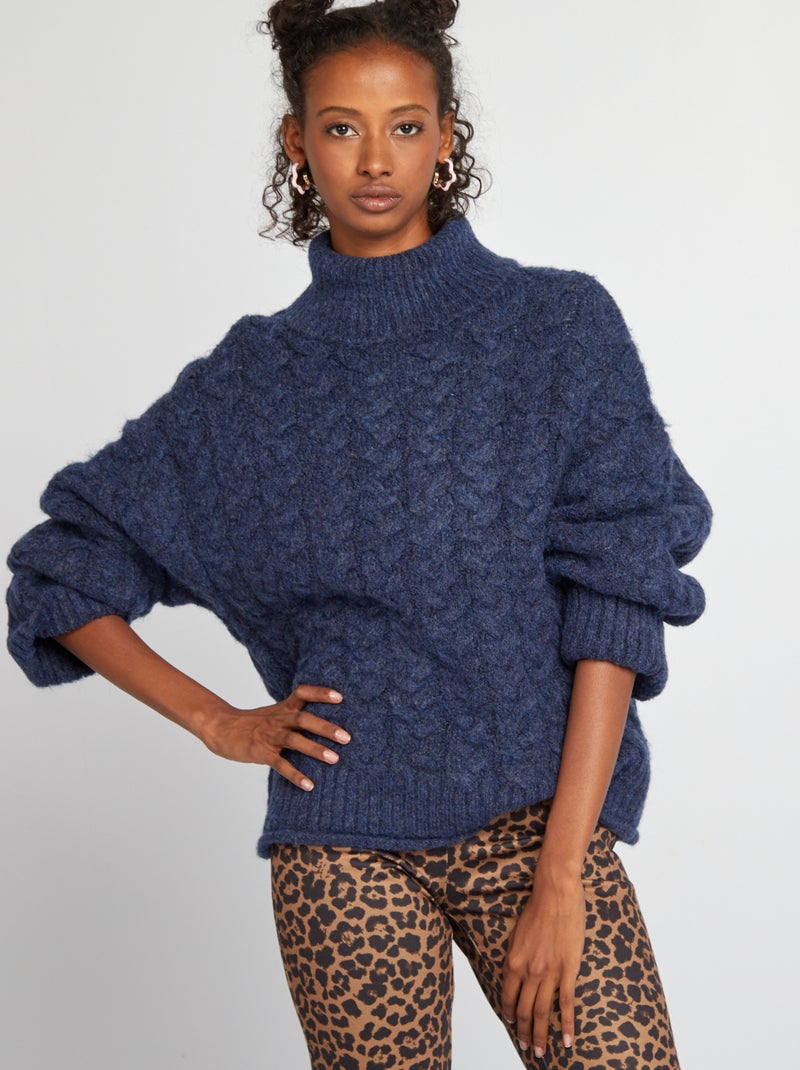 Pull en maille torsade avec col roulé Bleu - Kiabi