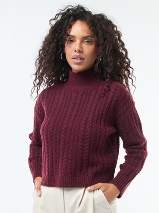 Pull en maille torsade et col montant