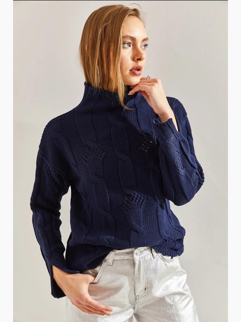 Pull en maille torsadée à demi-col roulé lucci Bleu marine - Kiabi