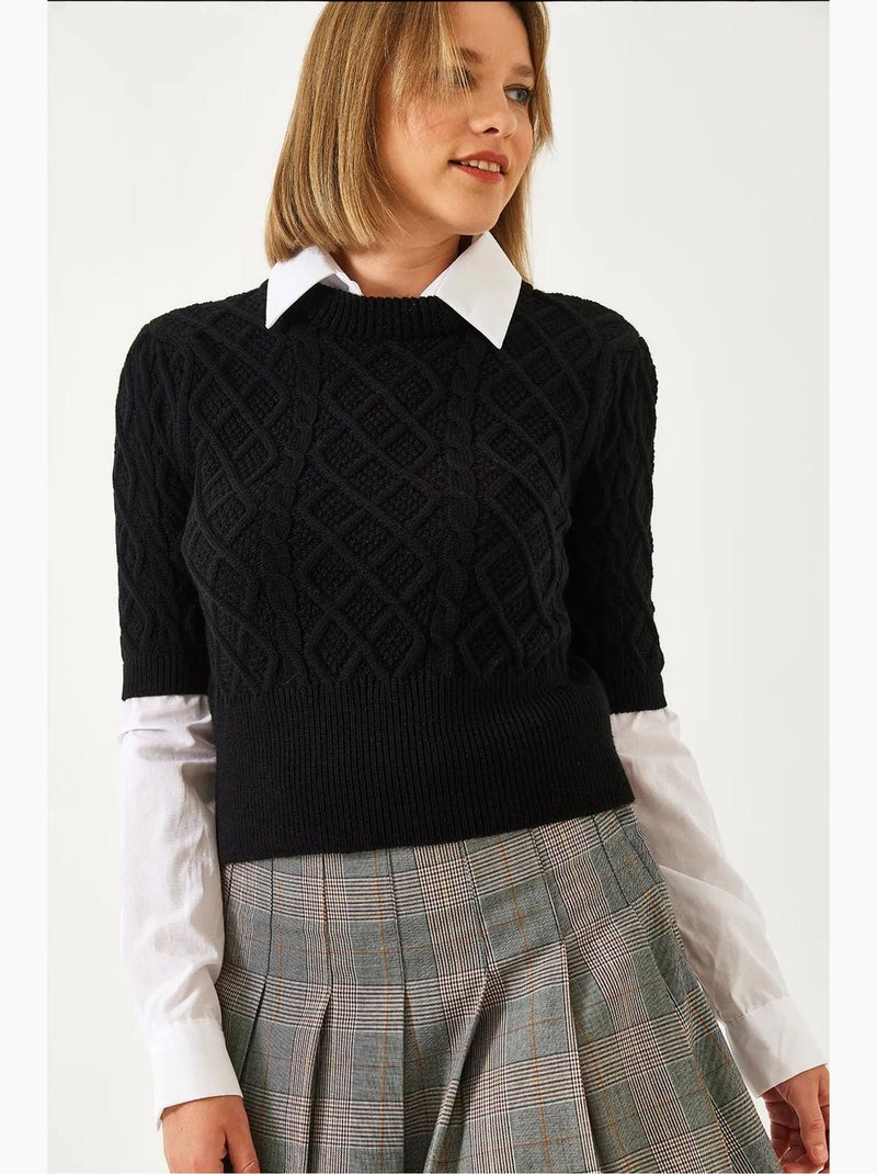 Pull en maille torsadée à détails chemise lucci Noir - Kiabi
