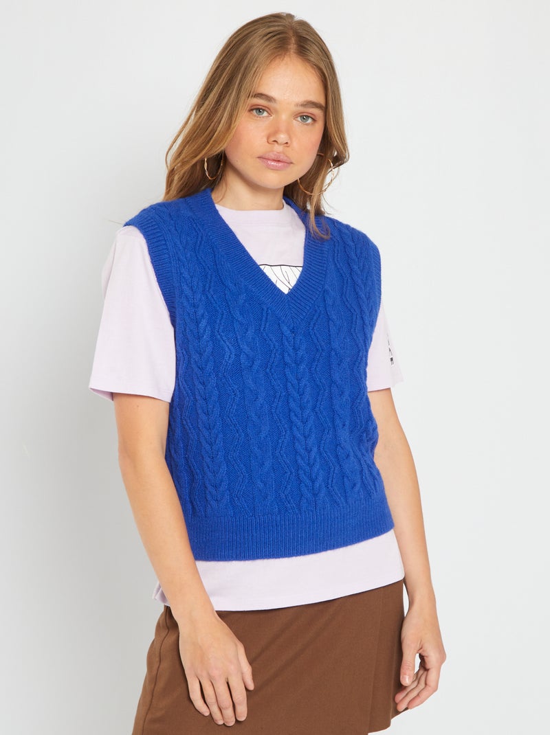 Pull en maille torsadée bleu - Kiabi