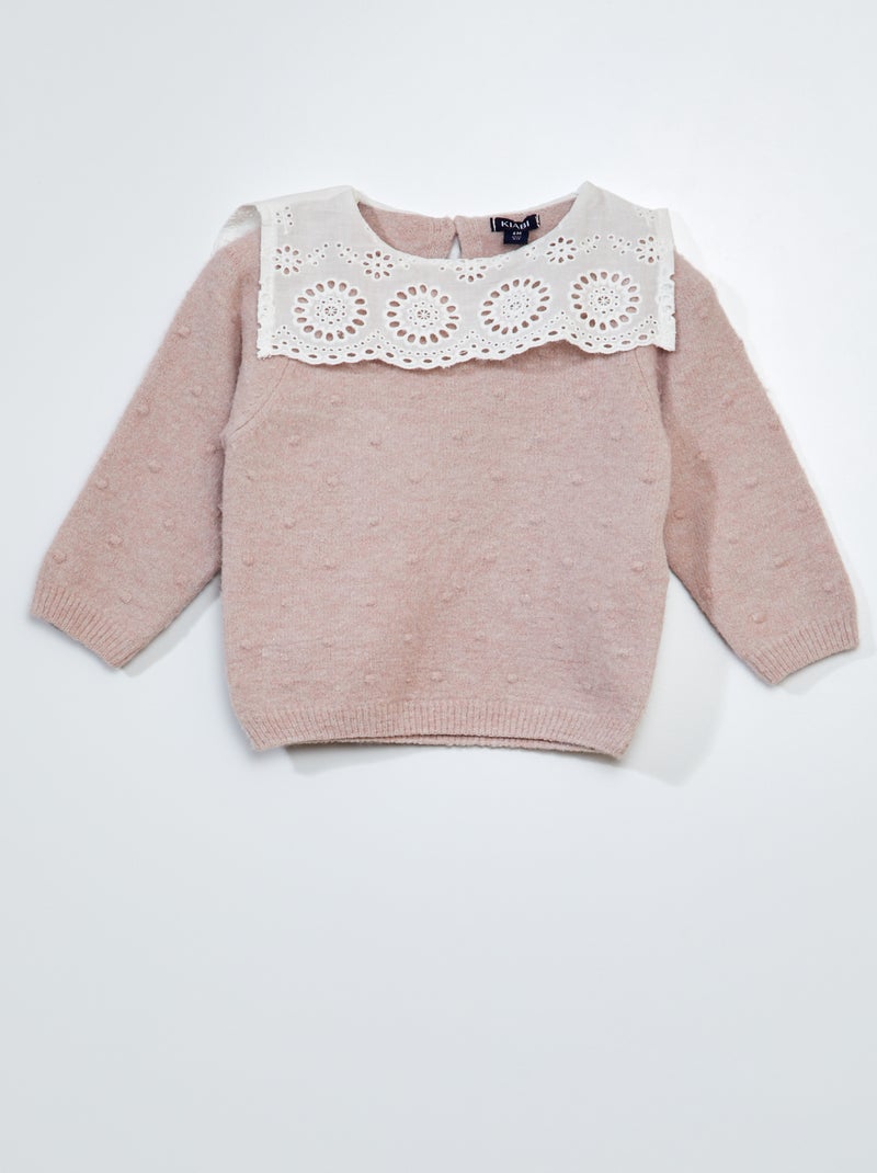 Pull en maille tricot avec col en broderies anglaises Rose - Kiabi