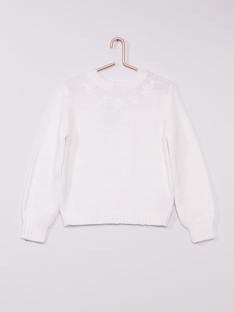 Pull en maille tricot avec fleurs bordées blanc - Kiabi