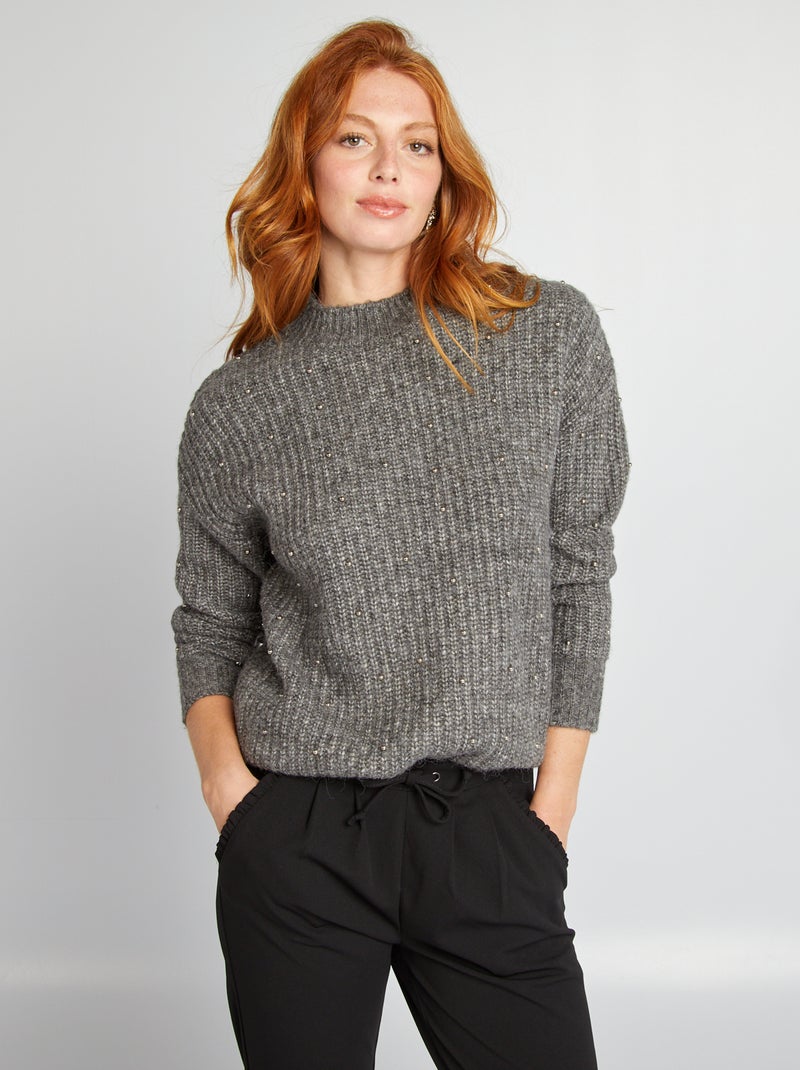 Pull en maille tricot avec perles fantaisies Gris - Kiabi