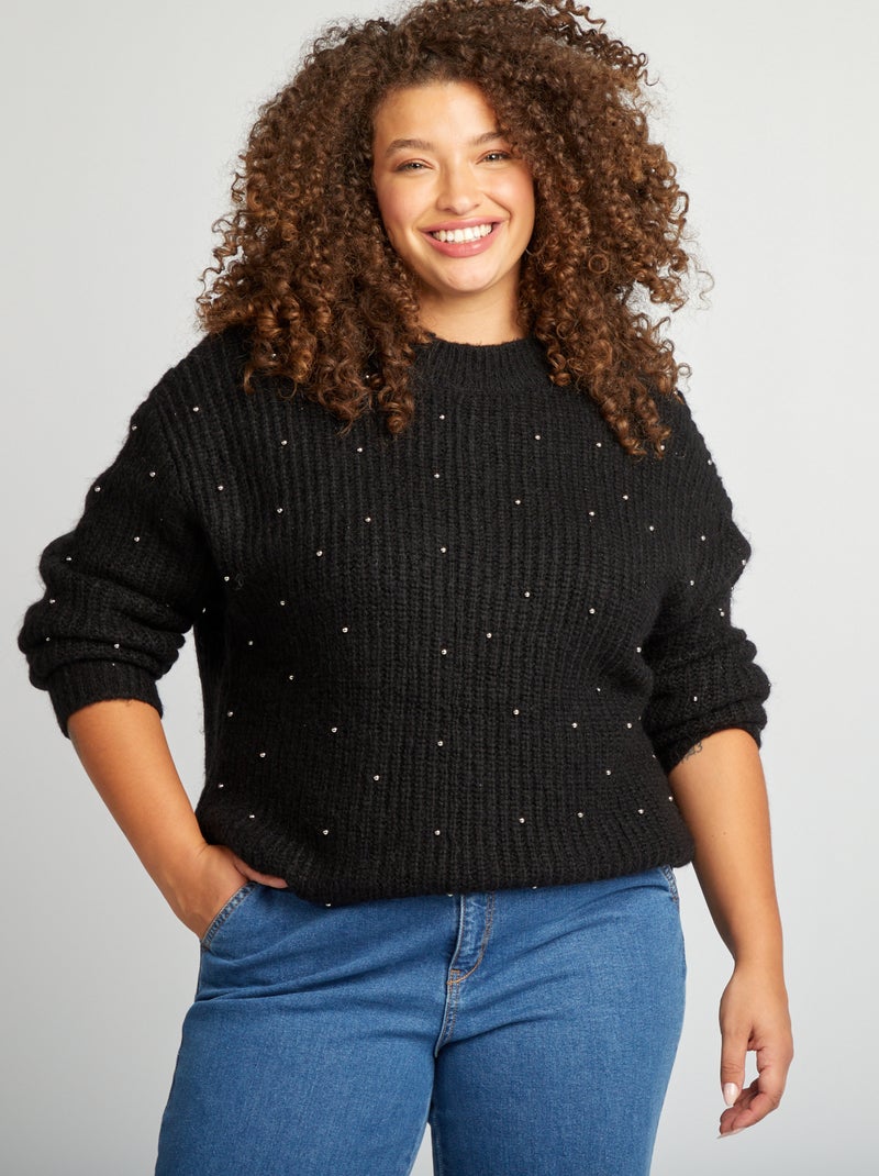 Pull en maille tricot avec perles fantaisies noir - Kiabi