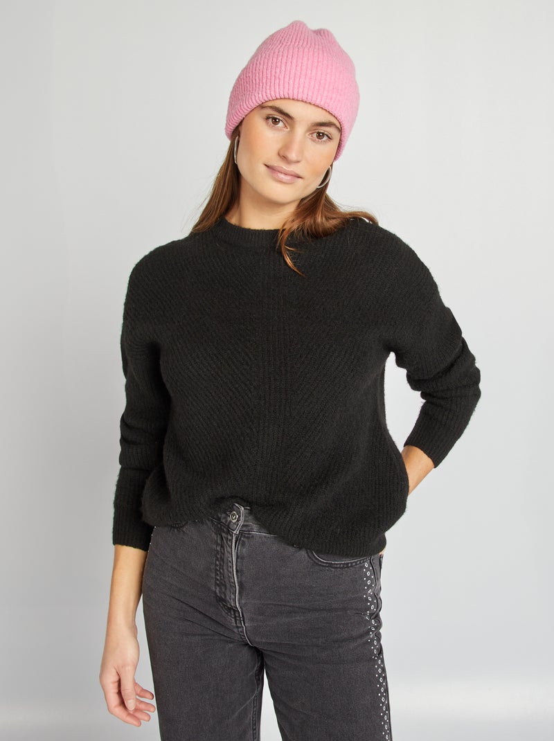 Pull en matière côtelée fantaisies noir - Kiabi