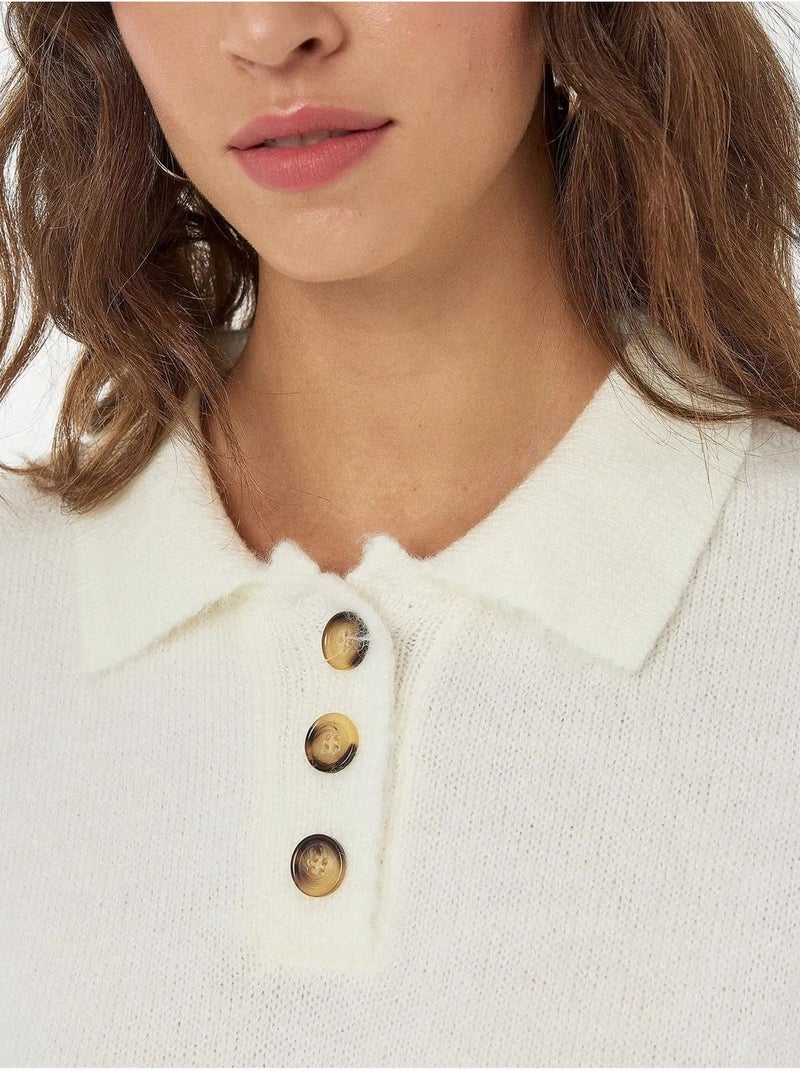 Pull en tricot à col boutonné Blanc - Kiabi