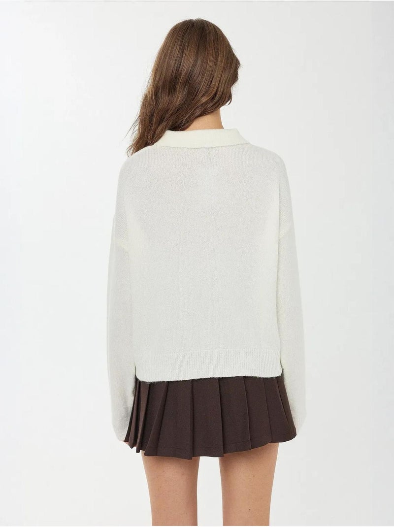 Pull en tricot à col boutonné Blanc - Kiabi
