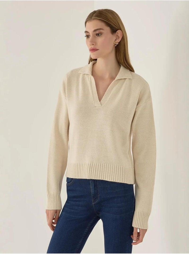 Pull en tricot à col polo Beige naturel - Kiabi