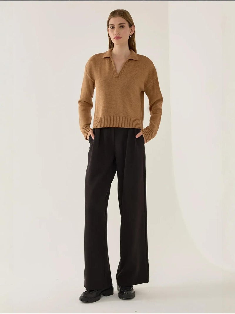 Pull en tricot à col polo Marron - Kiabi