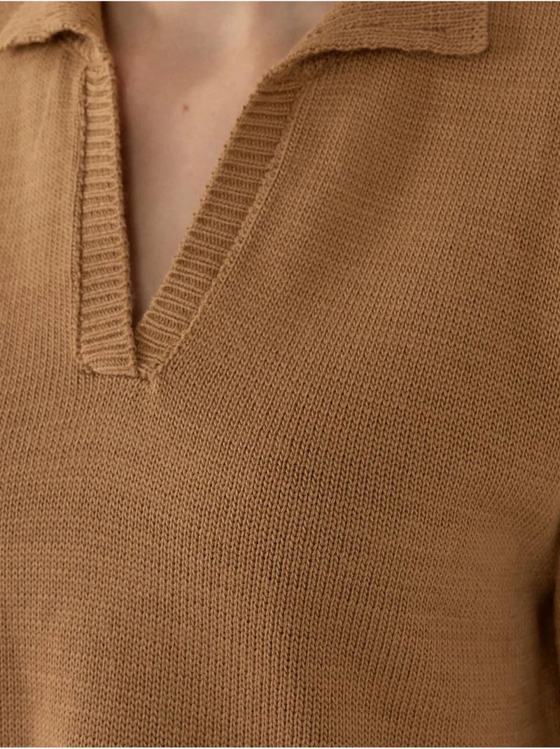 Pull en tricot à col polo Marron - Kiabi