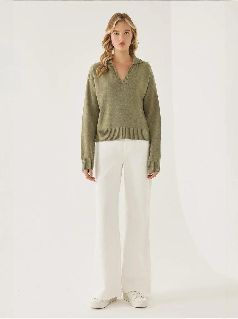 Pull en tricot à col polo Vert - Kiabi
