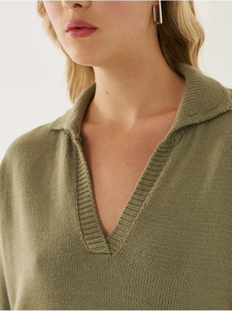 Pull en tricot à col polo Vert - Kiabi