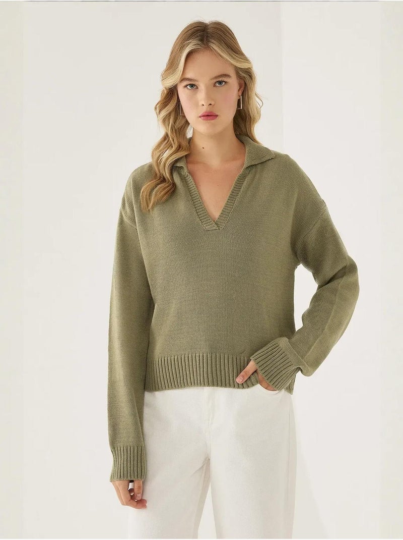 Pull en tricot à col polo Vert - Kiabi