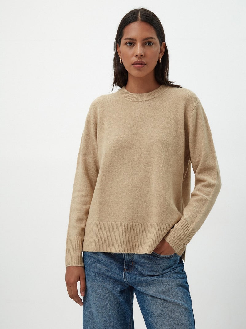 Pull en tricot à col rond Beige - Kiabi