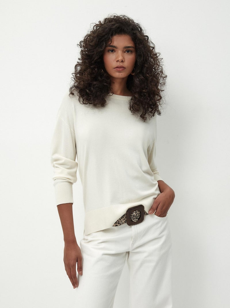 Pull en tricot à col rond Beige - Kiabi