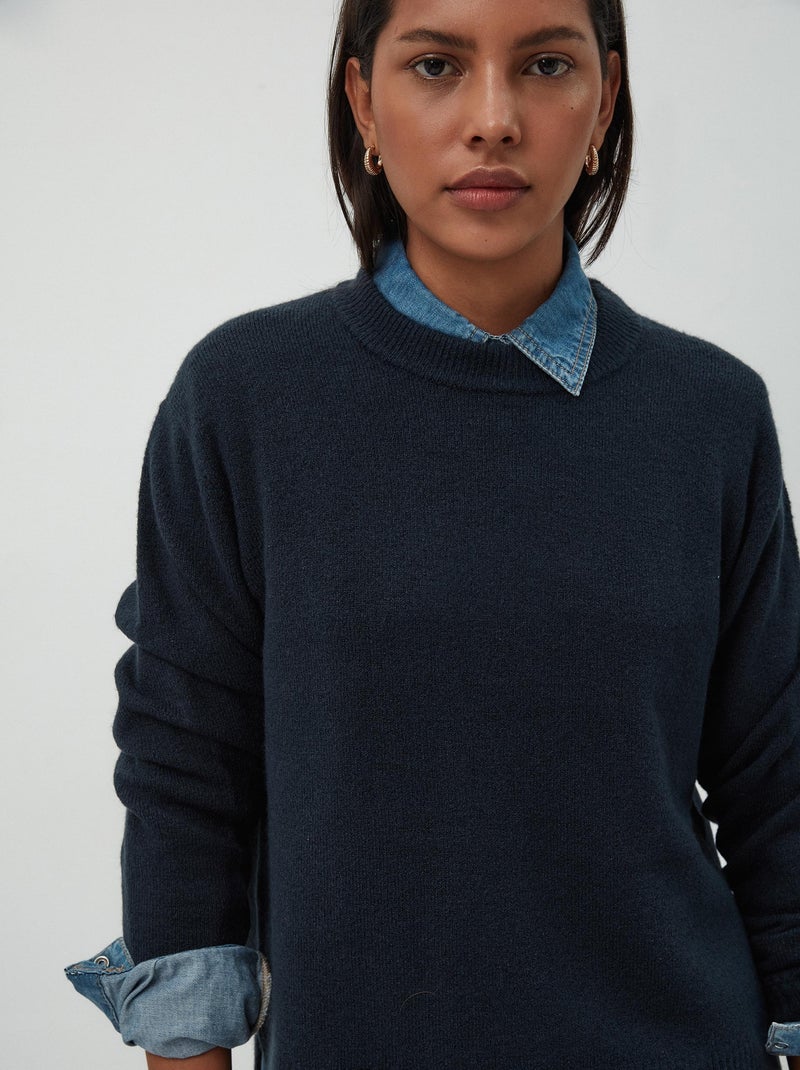 Pull en tricot à col rond Bleu - Kiabi