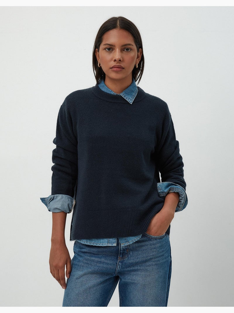 Pull en tricot à col rond Bleu - Kiabi