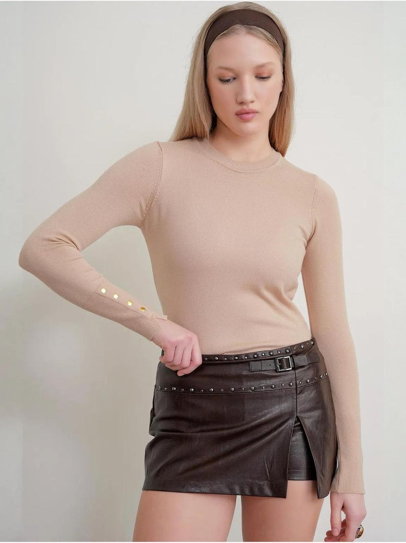 Pull en tricot à col rond et coupe slim mixray Grège - Kiabi