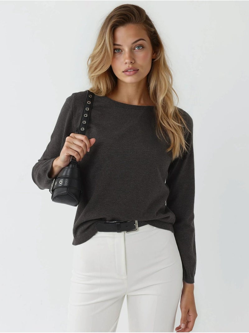 Pull en tricot à col rond Gris Noir - Kiabi