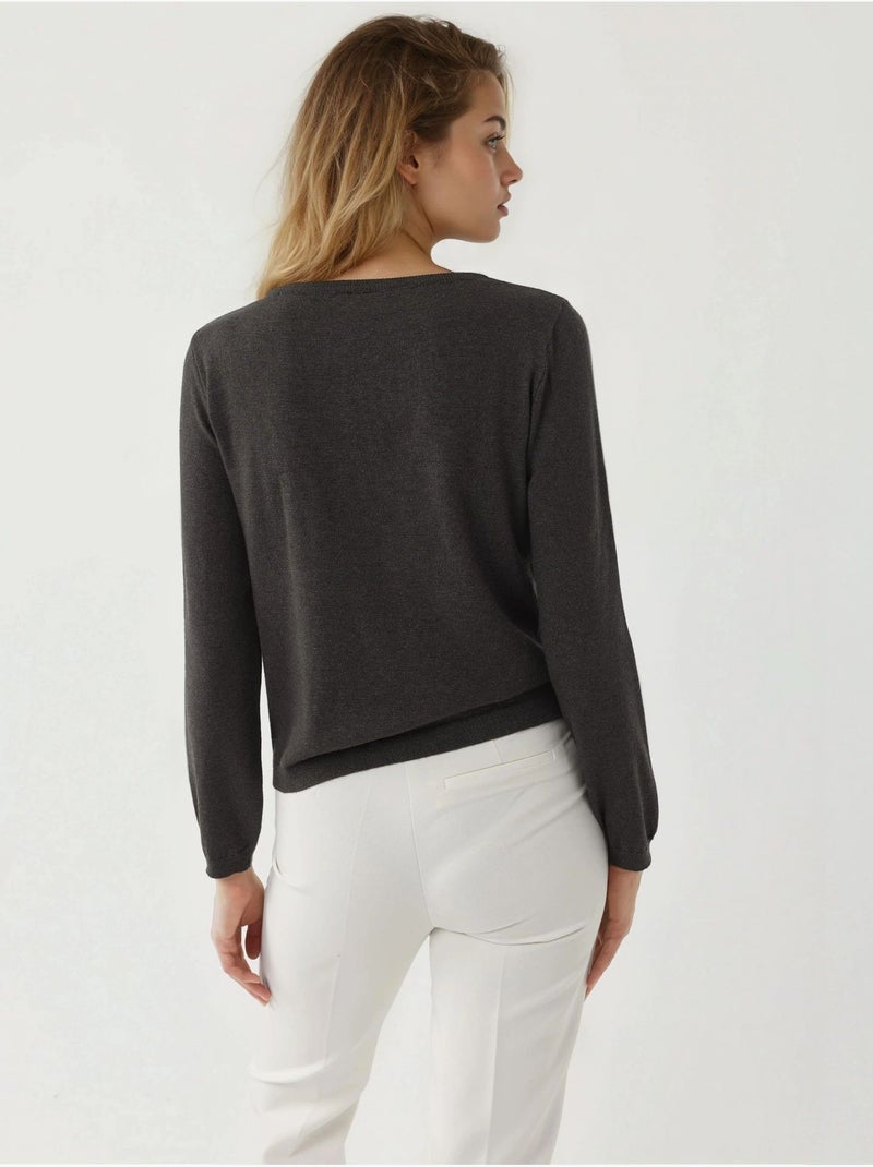 Pull en tricot à col rond Gris Noir - Kiabi